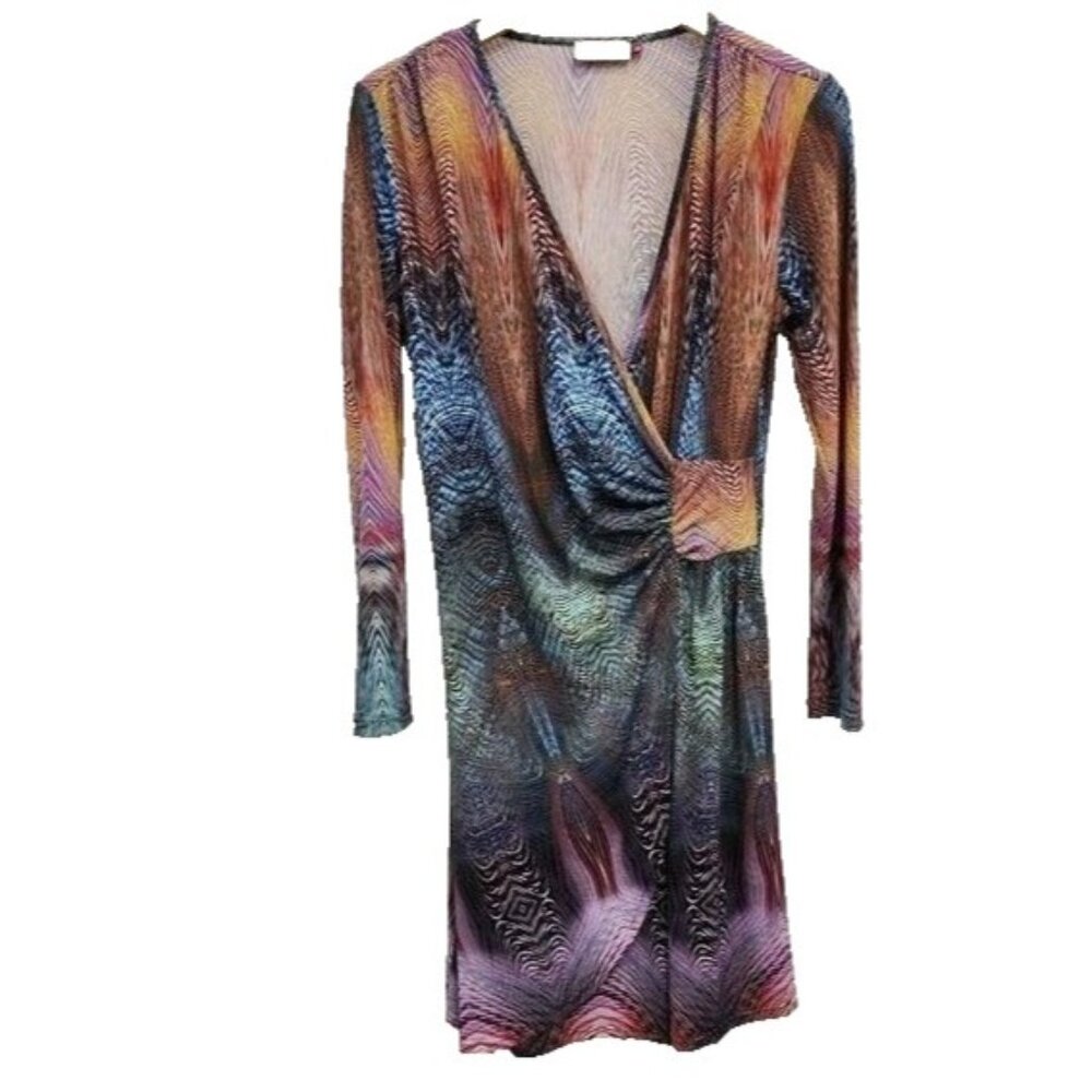 Melvin Brusselo Wrap Dress Large Blue‎ Orange Long Sleeve Retro Wearable Art